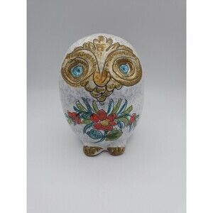 Vintage Italian Terracotta Pottery Owl Coin Piggy Bank Florals